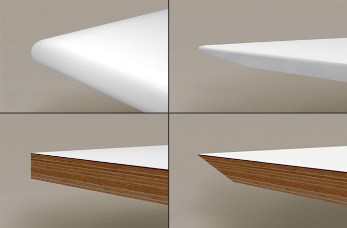 Niblick Edge Details<br>Clockwise from Top Left:<br>
Solid Surface, Bullnose Edge<br>
Solid Surface, Reversed Bevel Edge<br>
Plywood, Laminate Top, Block Edge<br>
Plywood, Laminate Top, Tapered Edge<br>