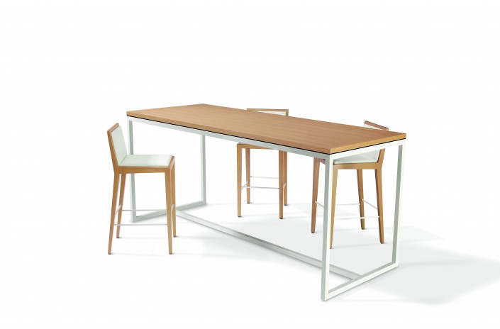 Contollo <br>Communal Table, Bar Height, White Oak Top
<br>Powder Coat White Base, Reveal
<br>McKeldin Barstools